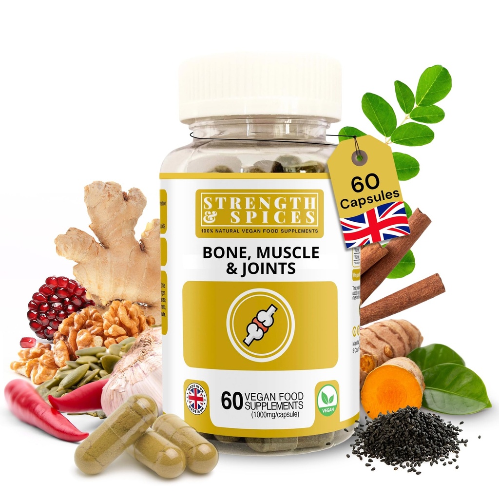 Strength & Spices Bone, Muscle & Joints 100% Natural Supplement – 28 Ingredients w Turmeric - 60 Vegan UK Made 1000mg Capsules – Mobility and Flexibility Support