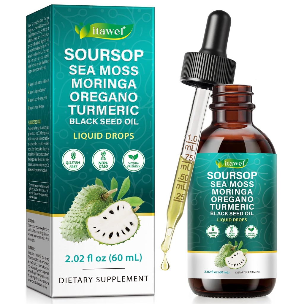 10-in-1 Soursop Bitters Liquid Drops, Soursop Drops with Sea Moss, Moringa, Turmeric, Black Seed Oil, Oregano Formulated for Immune Wellness Antioxidant Support & Healthy Digestion 2 FL Oz