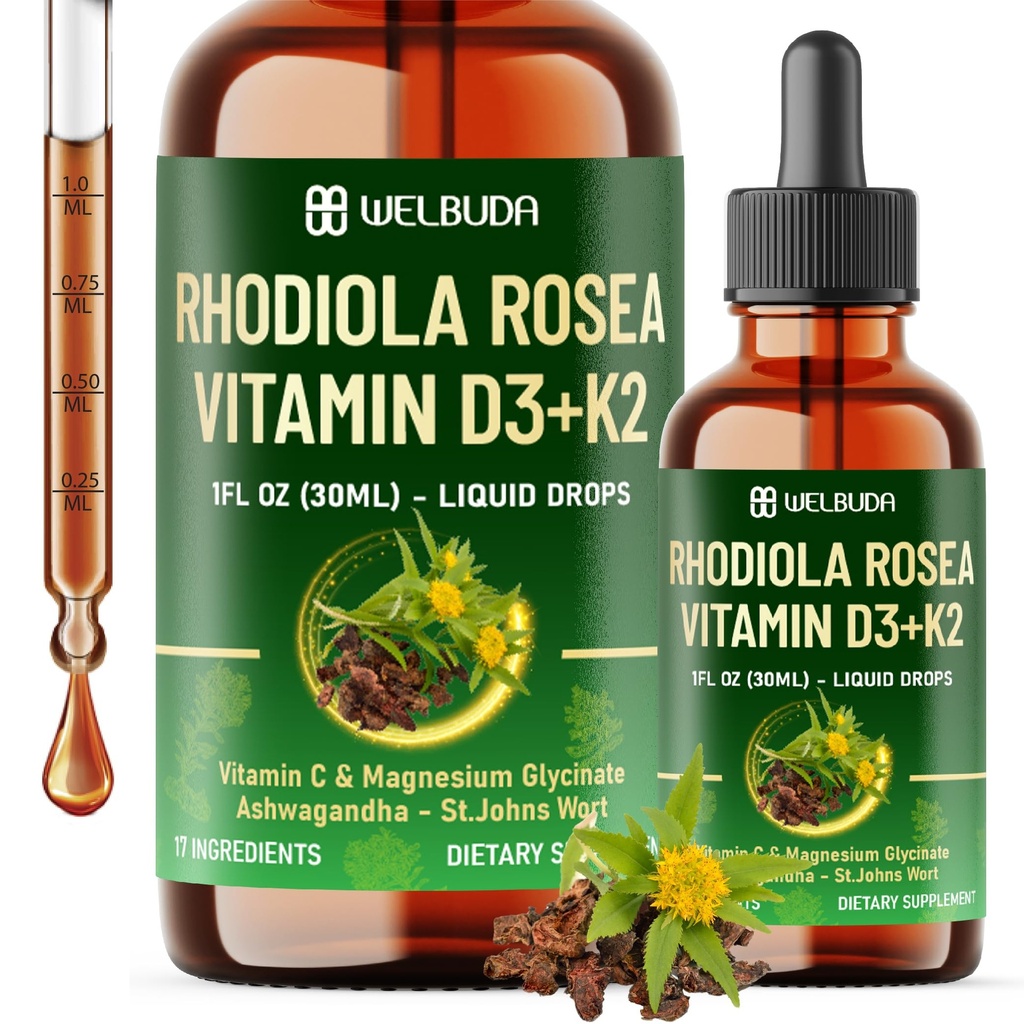 17in1 Rhodiola Rosea Liquid Supplement with Ashwagandha, Magnesium Glycine, L-Theanine, Vitamin C, Vitamin D3, Vitamin K2, Ginkgo, Turmeric, Holy Basil and More - 1 FL Oz - 60 Day Supply