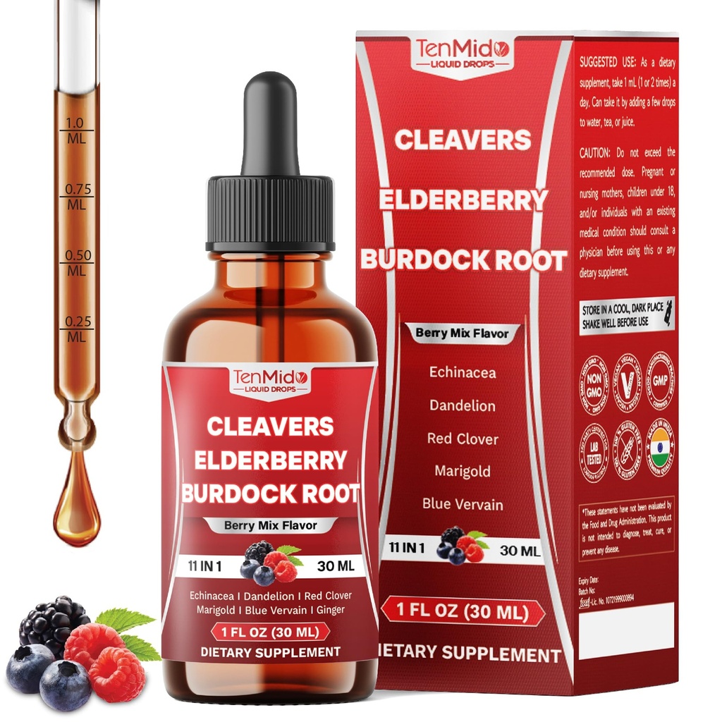 11in1 Lymphatic Drainage Drops with Cleavers, Elderberry, Burdock Root, Echinacea, Dandelion, Red Clover, Marigold, Blue Vervain, Ginger, Licorice, Rosehip - 30 Days Supply - 1FL Oz