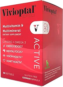 Vivioptal Active, 90 Softgels, Ginseng & Omega 3, Multivitamine & Multimineral, Glutenvrij, Duitse Formule