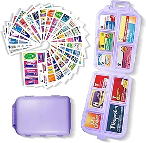 Pocket Pharmacy with Medicine Labels 146 Labels Travel Daily Pill Container Mini Medication Organizer Storage Pill Organizer Travel Essentials Pill Case 7 Day Pill Organizer (Paars, 1 Pack)