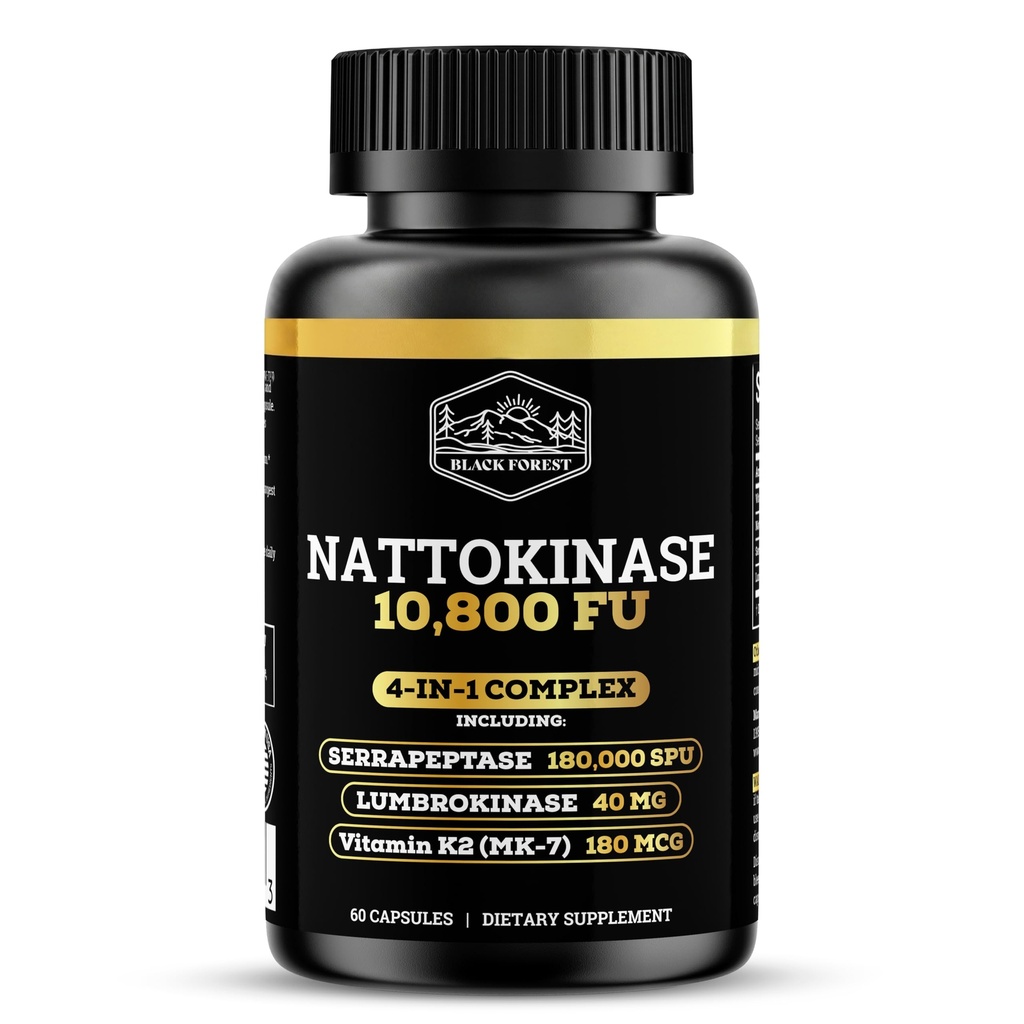 Black Forest Nattokinase 10,800 FU with Vitamin K2 MK-7 – Soy-Free Triple Enzyme (Lumbrokinase & Serrapeptase) – Enteric Coated Vegan Capsules for Overall Wellness Support – 60 Capsules