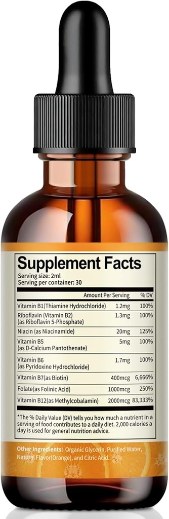 Les gouttes complexes de vitamine B liposomique avec la vitamine B1 Thiamine, B2 Riboflavine, B3 Niacine, B5 Acide pantothénique, B6 Pyridoxine, B7 Botine, B9 Folate, Méthyl B12 pour l'énergie, le métabolisme, la peau, Mood-2 FL.OZ
