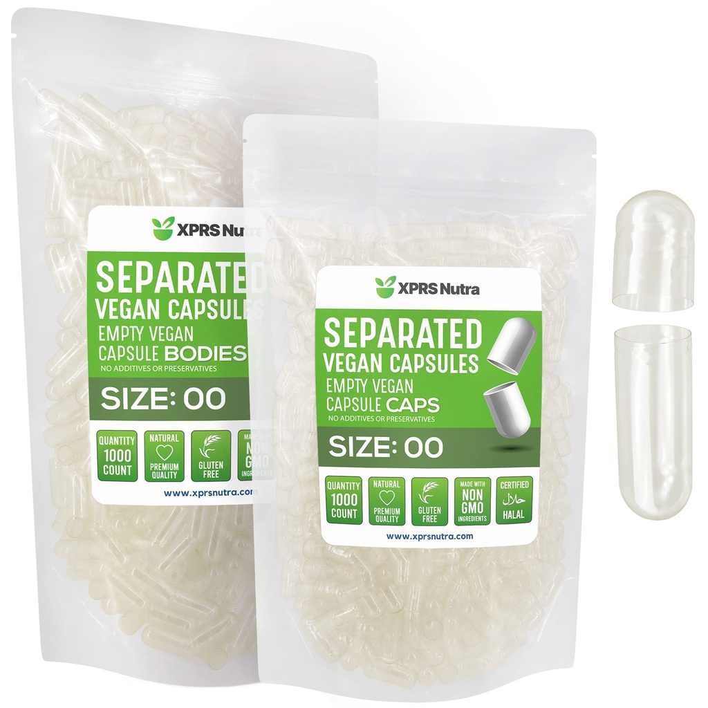 XPRS Nutra Vegan Maat 00 Gescheiden Capsules - 1000 Tel Premium Lege Capsules Gescheiden in zakken - Wissen Lege 00 Pillen voor DIY supplement vullen