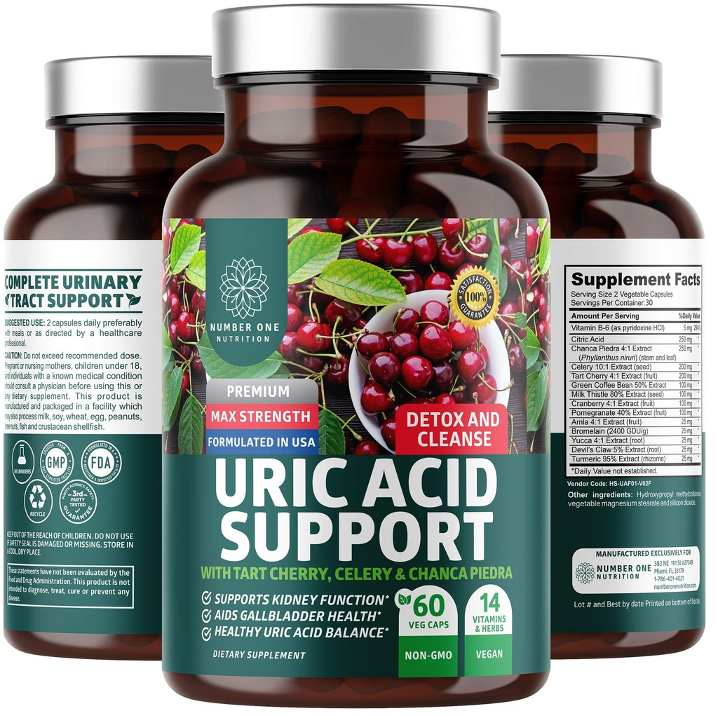 N1N Premium Uric Acid Support Supplement [14X Potent Herbs] Alle natuurlijke nieren en Uric Acid Reiniging met Tart Cherry, Milk Thistle, Cranberry, Selderij, Chanca Piedra, 60 Veg Caps