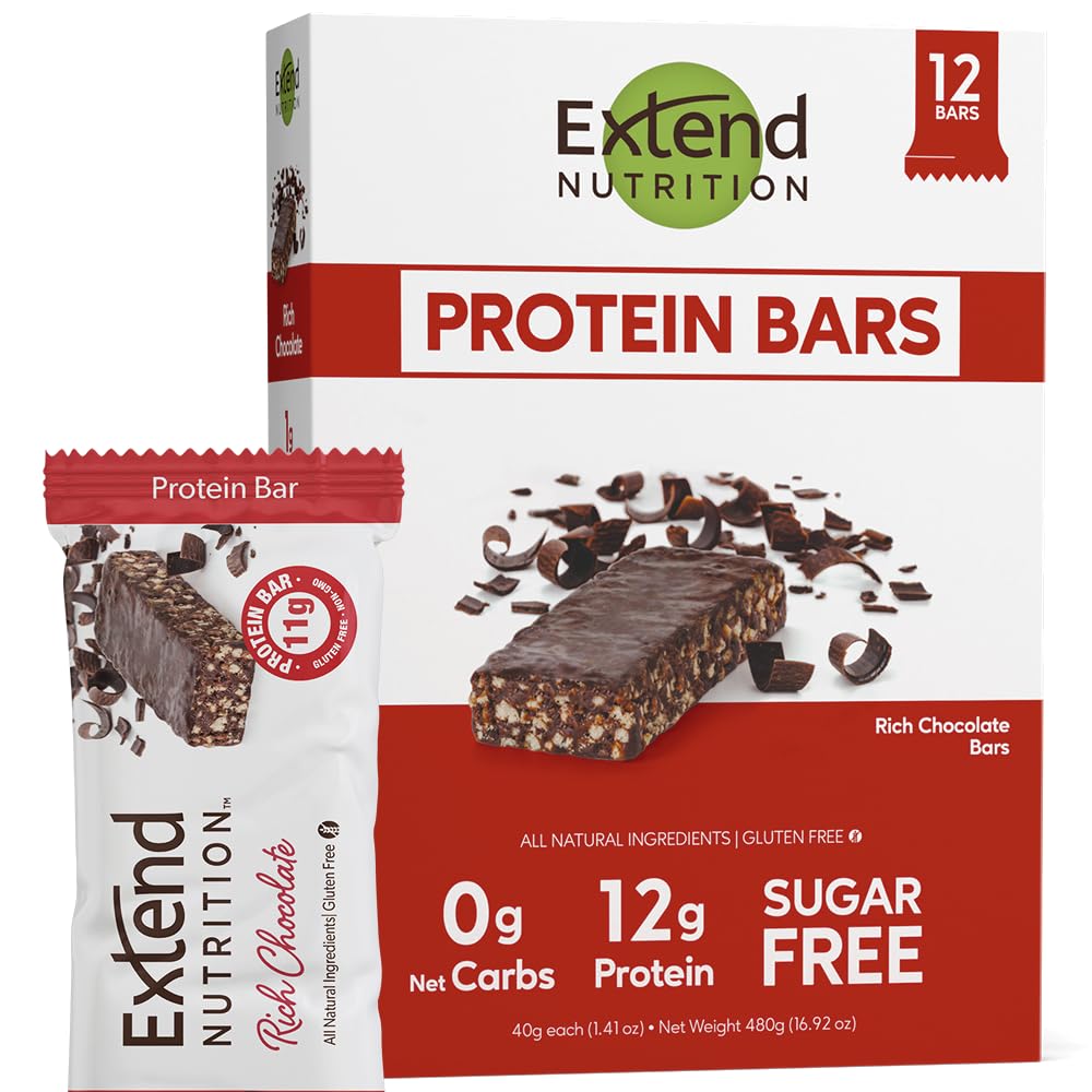 Extend Nutrition Sugar Free High Protein Bars, Perfect Sugar Free Snacks for Diabetes, Protein Bars for Hunger Control & Steady Energy, Low Carb, Keto, Intermittent Fasting, Rich Chocolate, 12 Count