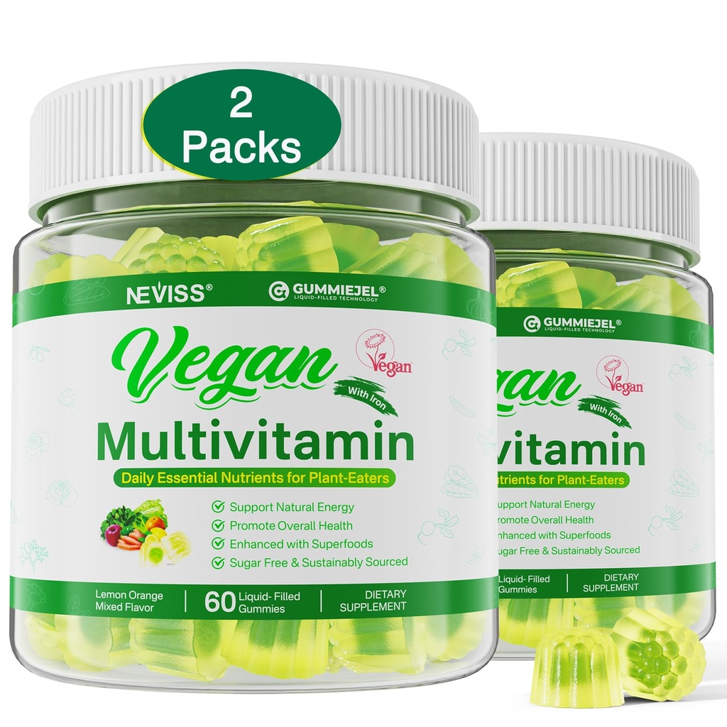 NEVISS (2 Pack) Vegan Multivitamin for Women & Men with Methyl B12, D3 K2, Plant Based Omega 3, Iron, Choline, Zinc, Whole Food Daily Vitamins Gummies for Vegans & Vegetarians, Sugar Free