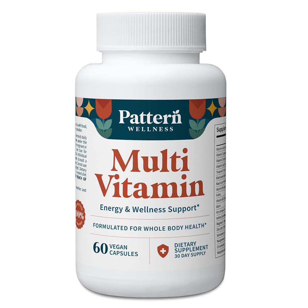 Pattern Wellness Multivitamin for Men & Women – Vitamin A, B, C, D, E – Supports Energy & Wellness – Whole Body Health – Daily Multivitamin Supplement – 60 Vegan Capsules
