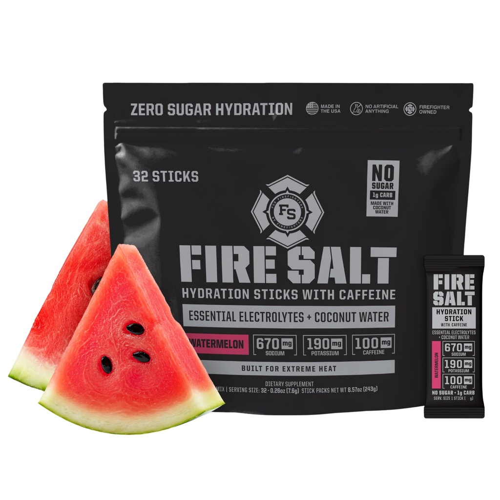 Fire Salt Hydration Sticks, Electrolytes & Coconut Water, Hydration Drink Mix with Caffeine, Potassium & Sodium, Zero Sugar, Serve On The Go Packs, Caffeine Watermelon, 32 Count