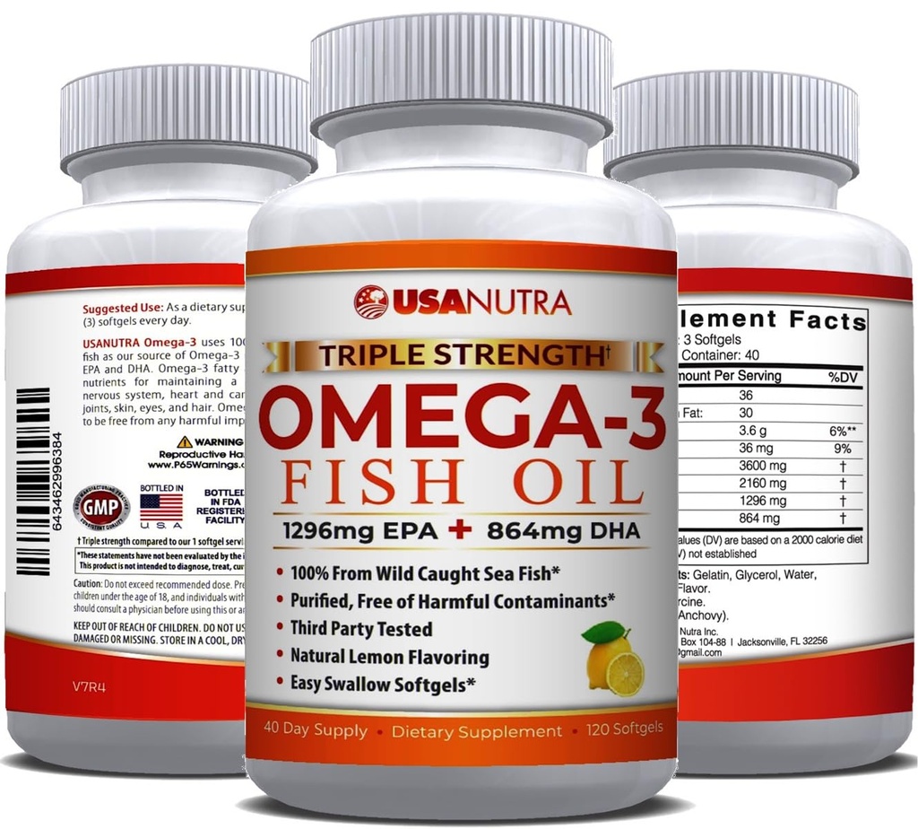 Omega 3 Fish Oil Supplement 3600mg met EPA en DHA voor vrouwen en mannen Ondersteunt Joint, Brain en Heart Health 120 Softgels, 40 dagen levering