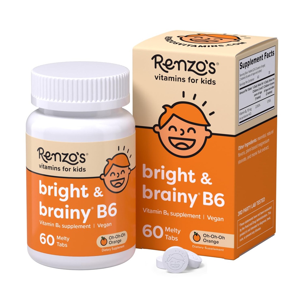 Renzo's Bright & Brainy Vitamine B6, oplossende kinderen Vitamine B6, 60 suikervrije Melty Tabs, Oh Oh Oh Orange Flavored