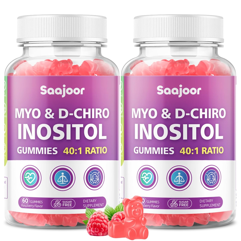 2 Pack Myo-Inositol & D-Chiro-Inositol Gummies with Vitamin D3, Magnesium Glycinate, Folate & Zinc, Inositol Supplement for Female Health, Vegan, Raspberry Flavor, 120 Gummies