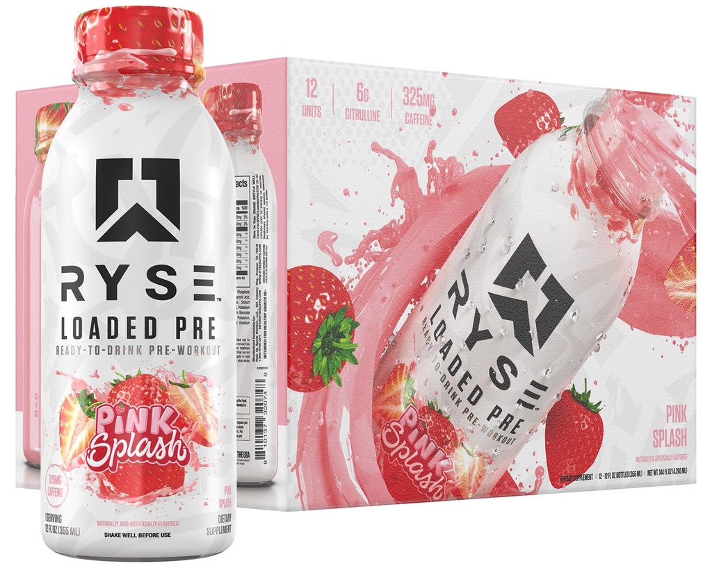 RYSE Loaded Pre Workout Drink - Pink Splash - Sugar-Free, Ready to Drink Energy Supplement with 325mg Caffeine, Citrulline & Beta Alanine for Focus & Pump - 12 fl oz Bottles (Pack of 12)