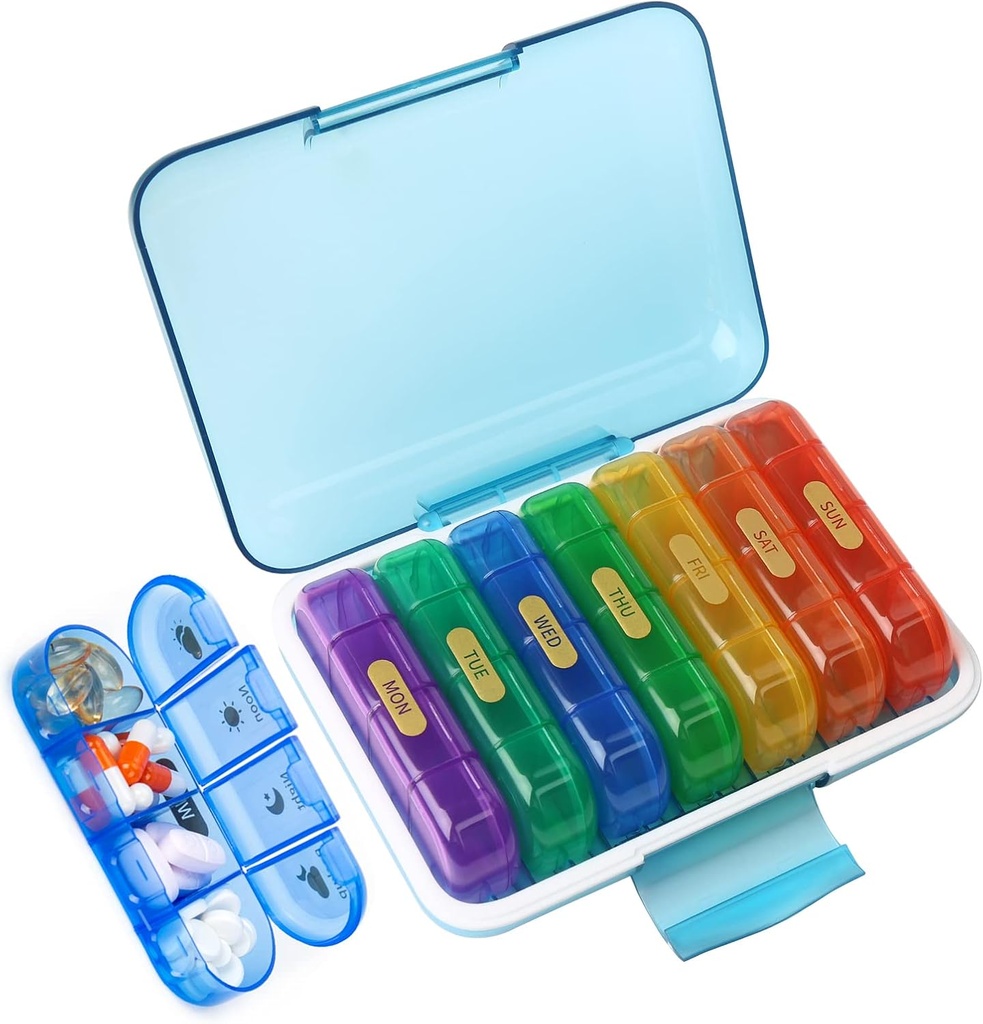 MURRI&MURRDI Pillen Organisator 4 keer per dag, Dagelijkse Pillen Doos Grote Weekly Medicine Case 7 Dag Pillen Dispenser Houder voor pillen, Vitaminen, Visolie, Medicijnen, Supplementen (28 Cellen, Meerkleurig)