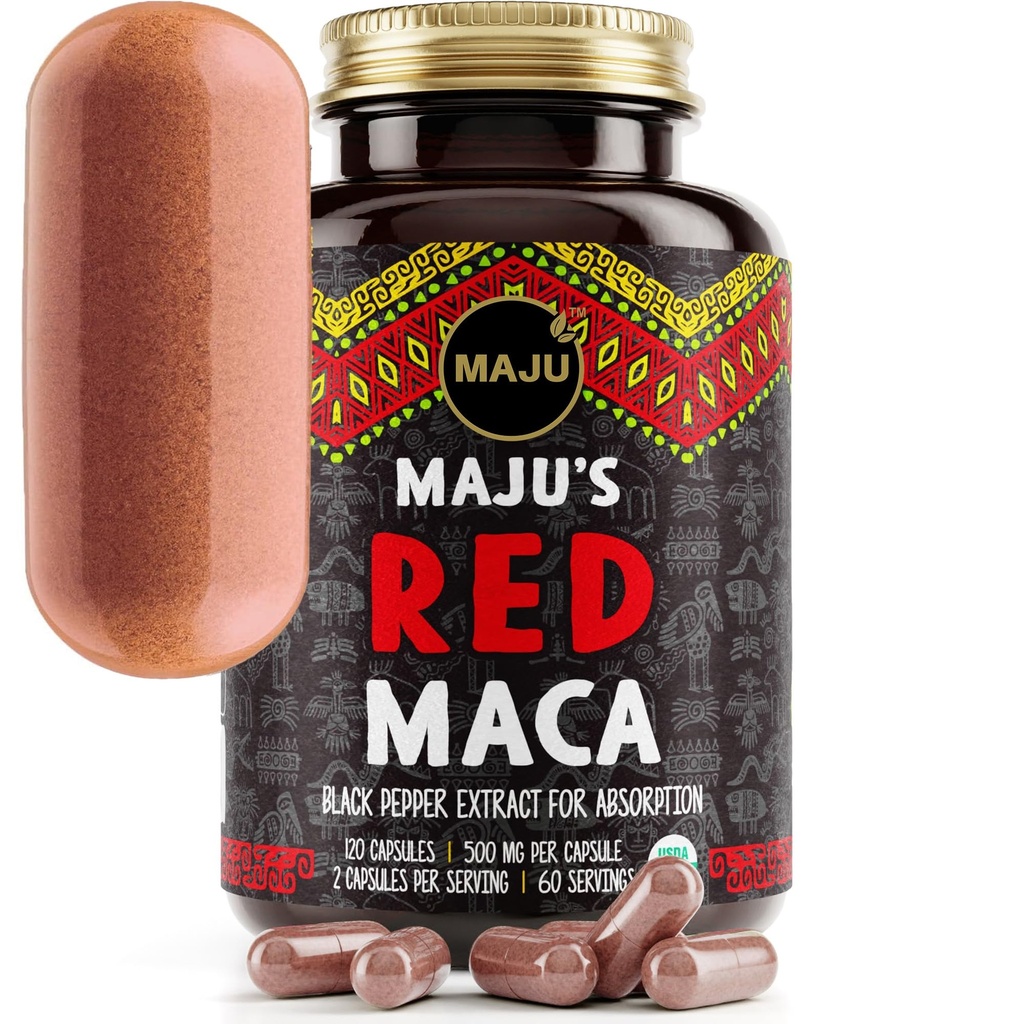 Maju Superfoods Biologische Red Maca Root Capsules 120ct - Vrouwen Gerichte Curve Enhancement Nutrition Booster Pillen, Gain voor Thights, Poeder in pil Supplement