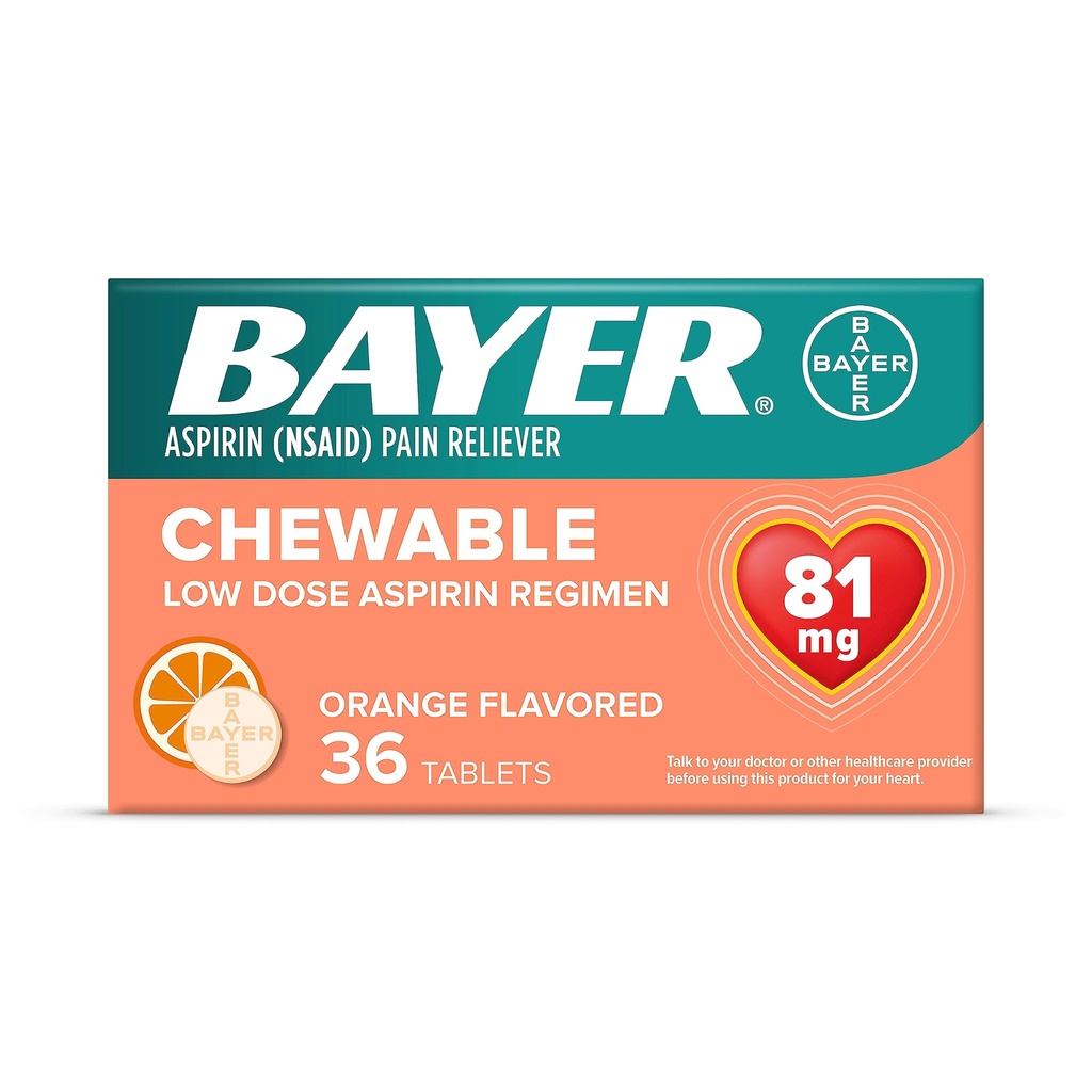 Aspirin Regimen Bayer, 81mg Chewable Tablets, Pain Reliever, Orange, 36 Count