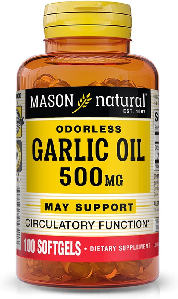 MASON NATUURLIJKE Knoflookolie 500 mg Odorless Allium Sativum Supplement - Ondersteunt gezonde Circulatoire functie, 100 Softgels