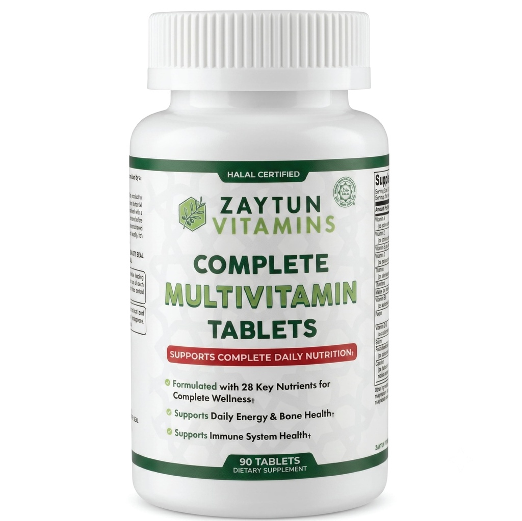 Zaytun Halal Multivitamin Tablets for Women and Men, 28 Essential Vitamin & Minerals with Iron, Magnesium, Biotin, Vegetarian, 90 Tablets - Made in USA