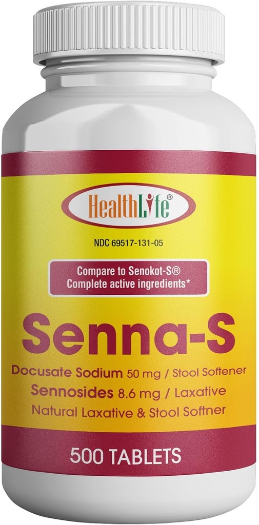 GEZONDHEIDS-LFE Senna-S Tablets, Senna Plus(Laxatieve/Stool Softener) Zachte overnachting Verlichting van Occasional Constipatie Generieke voor Senokot-S (Small (Pack van 1), 500)