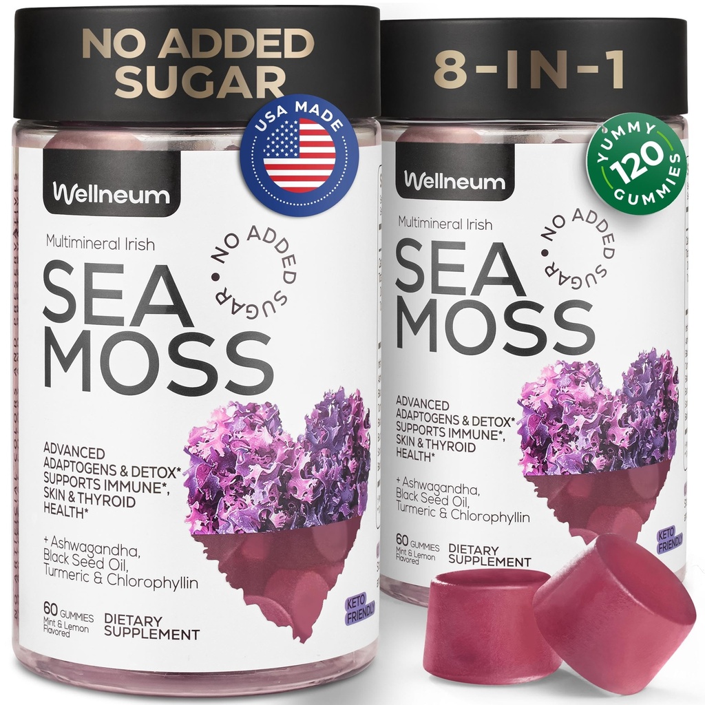 Multiminerale Sea Moss Gummies 3000 Mg met Probiotic, Bladderwrack, Black Seed Oil, Ashwagandha, Burdock Root (2 Pack) - Irish Seamoss for Immunity, Thyroid and Gut Health - Vegan, Sugar Free