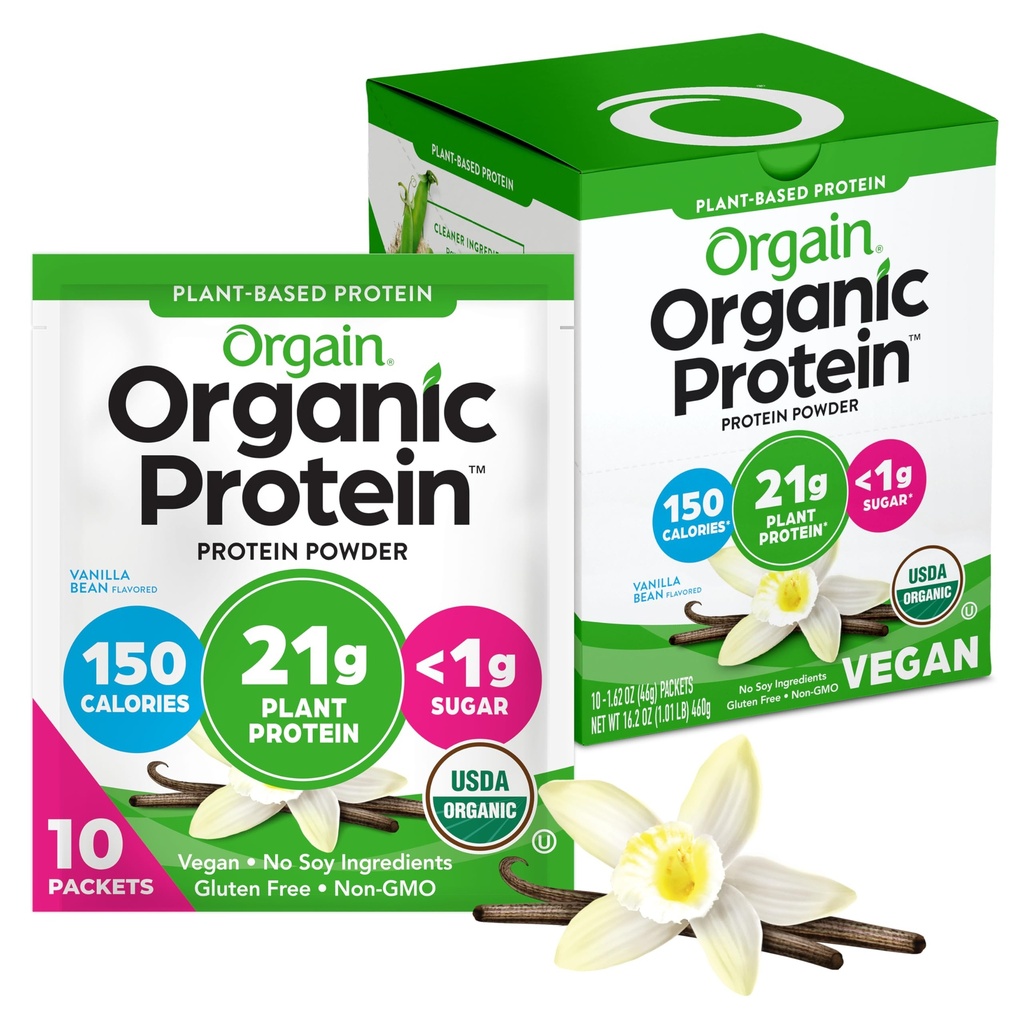 Orgaine en poudre de protéines végétales organiques, Vanilla Bean - 21g Protéines végétales, 5g fibre prébiotique, faible teneur en glucides, sans ingrédients de lactose, sans sucre ajouté, non-OGM, pour Shakes & Smoothies, 10 packs de voyage