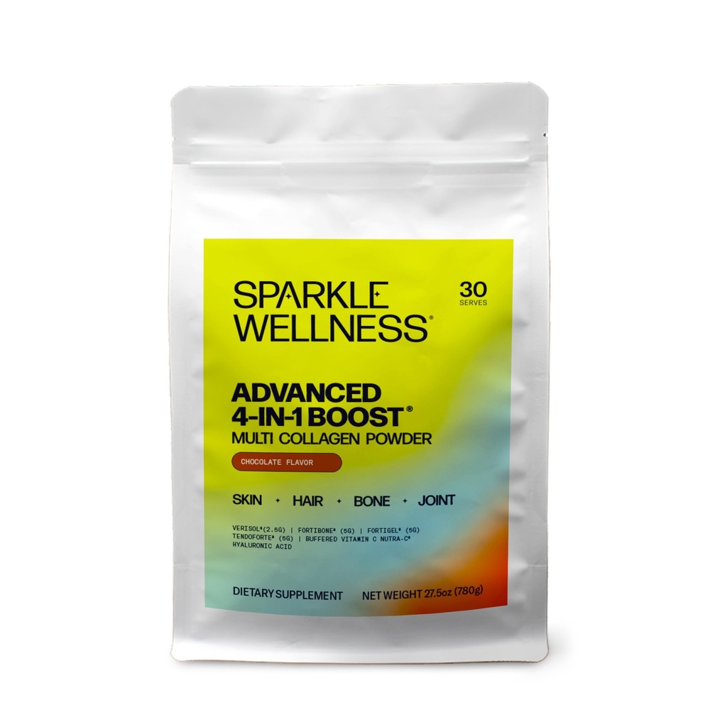 Sparkle Wellness Advanced 4-in-1 Boost | Clinically Tested Multi Collagen Powder with VERISOL, FORTIBONE, FORTIGEL, TENDORFORTE, HA and Vitamin C | Skin, Hair, Bone, Joint Health | Chocolate