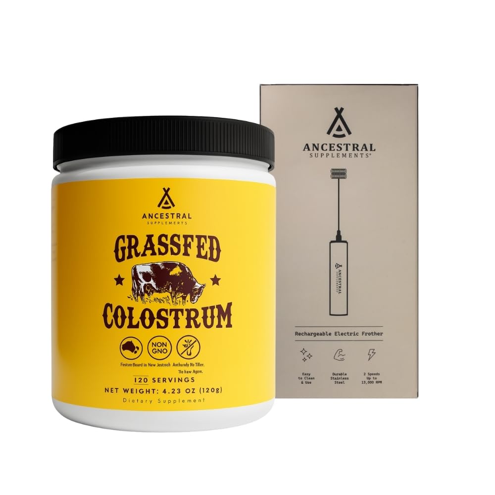 Ancestral Supplements Colostrum Bundle & Frother Wand – Grass Fed, Pasture Raised Organ Blend with Bioactive Colostrum, Rechargeable Electric Frother Wand (Double Whisk, Stainless Steel)