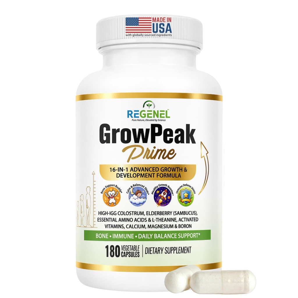 GrowPeak Prime Kids & Teens Growing Years Formula, Bone & Immune Support with Calcium, Vitamin D3 K2, Magnesium, Zinc, Bovine Colostrum, Elderberry, Non-GMO, 60-Day Supply