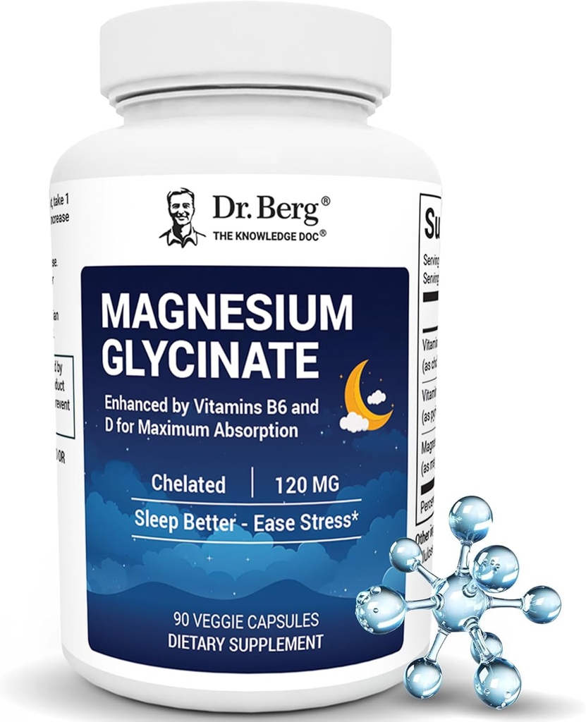 Dr. Berg Magnesium Glycinate with Vitamin D & B6 for Stress Relief, Calm, Relaxation, & Good Sleep* - 120 mg Magnesium Bisglycinate Capsules - High Absorptie Chelated Glycinate - 90 Cap