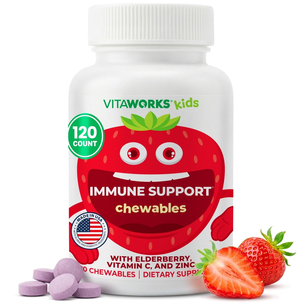 Kinderen Vlierbessen met zink en vitamine C - Immuun Ondersteuning Supplement Kauwtabletten - smakelijke natuurlijke gemengde Bessensmaak - Veganistisch, Vegetarisch, Glutenvrij, Non-GMO, voor kinderen, 120 Kauwtabletten