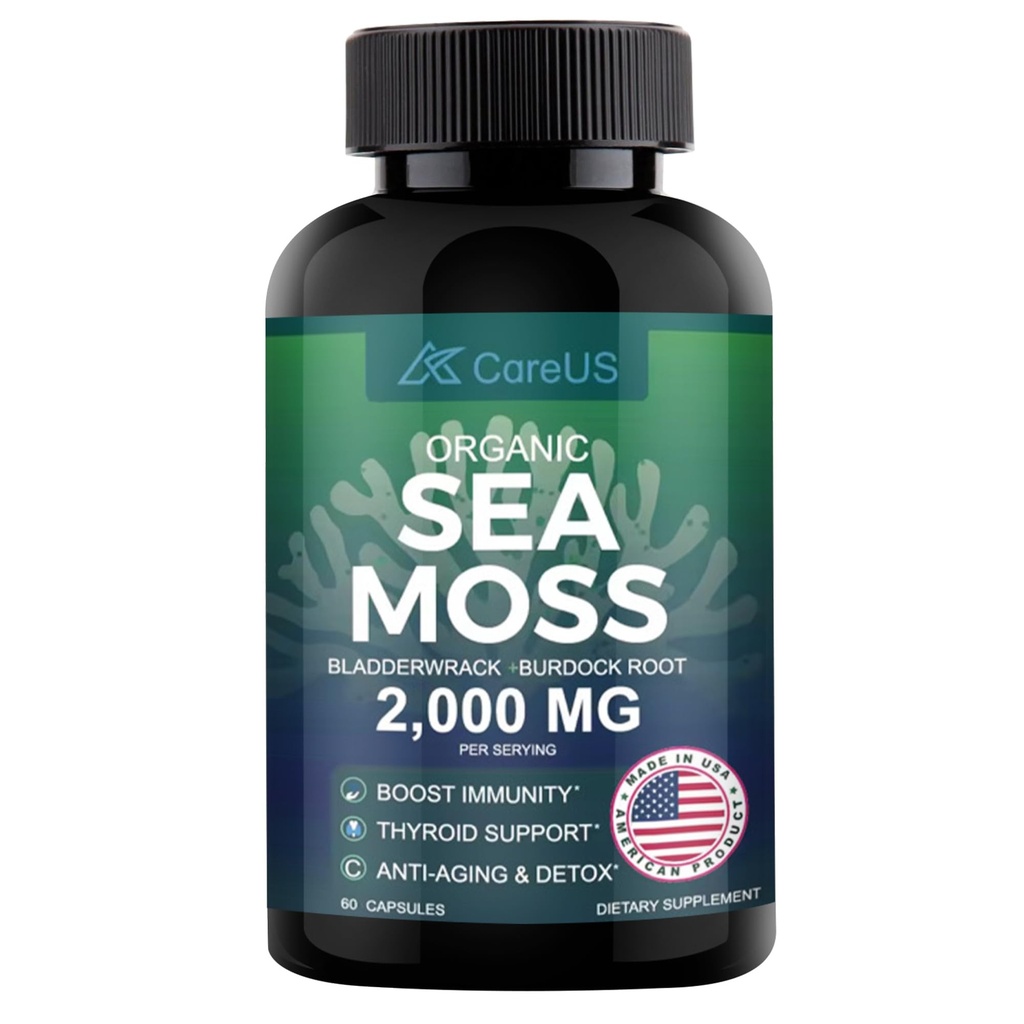Organic Sea Moss Complex with Bladderwrack and Burdock Root, 2000 mg, 60 Irish Seamoss Veggie Capsules, Immunity and Thyroid Support | Non-GMO and Gluten Free Formula | Traditional Herb