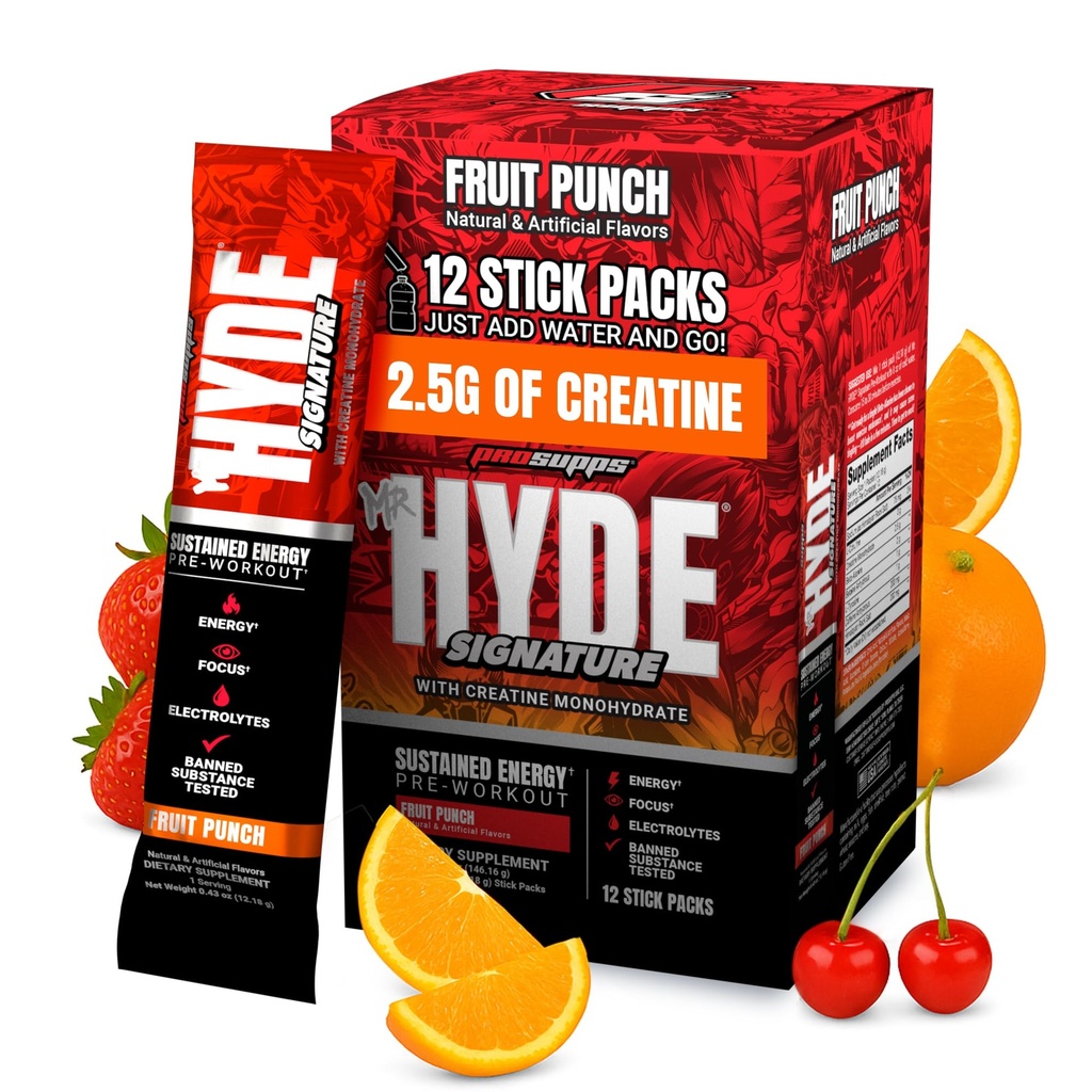 ProSupps Mr. Hyde Signature Pre Workout Drink Mix- Performance, Energy & Endurance with Creatine, Beta Alanine & Caffeine - Clean Gym Supplements for Men & Women (Fruit Punch, 12 On-The-Go Packets)
