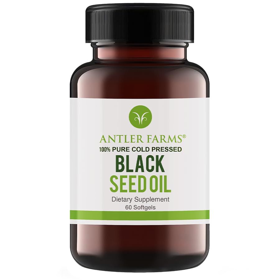 Antler Farms - Black Seed Oil Softgel Capsules -100% Pure, vierge, pressé à froid 60 Softgels, 500mg – 2% Thymoquinone, Cumin noir turc Nigella Sativa Seed Oil
