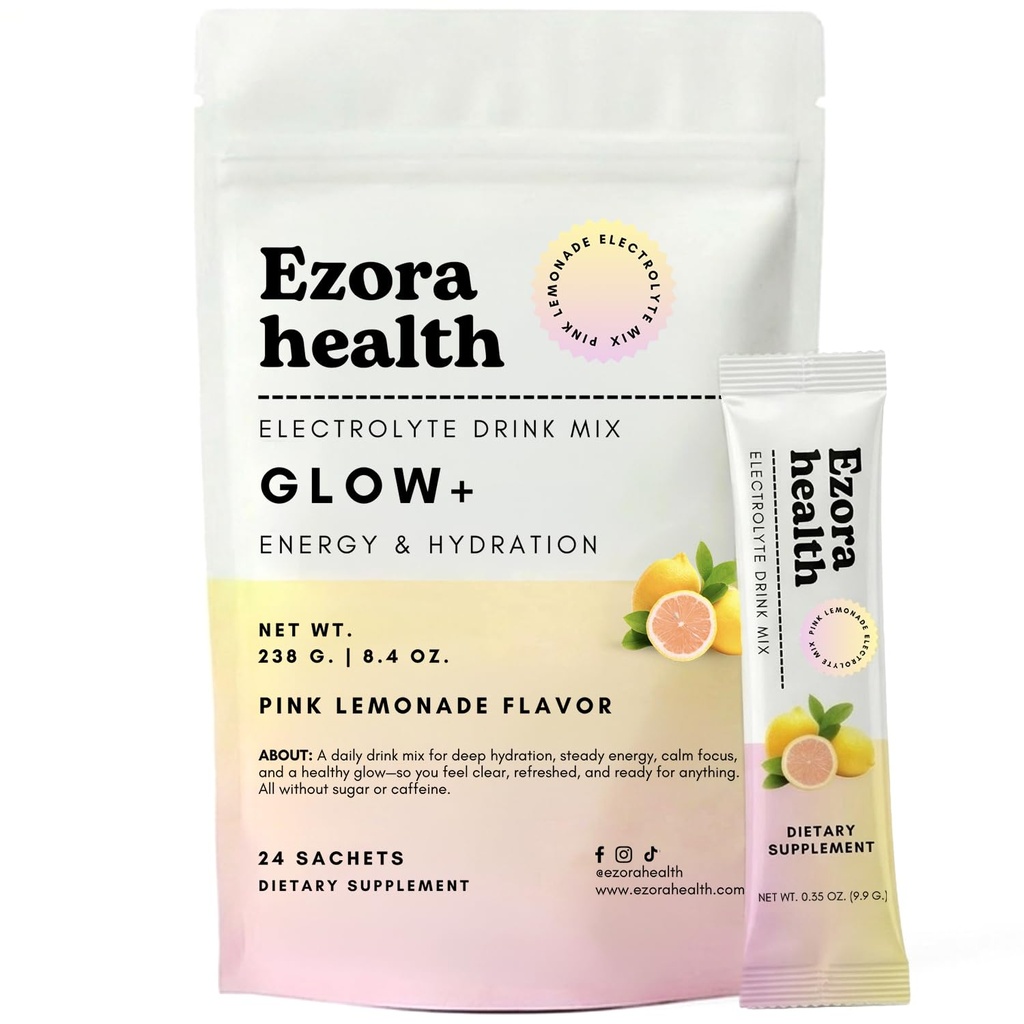Glow Electrolyte Drink Mix for Women with Hyaluronic Acid, Vitamin B12 + B6, L-Theanine & Taurine – No Sugar, No Caffeine (Pink Lemonade Flavor) 24 Count