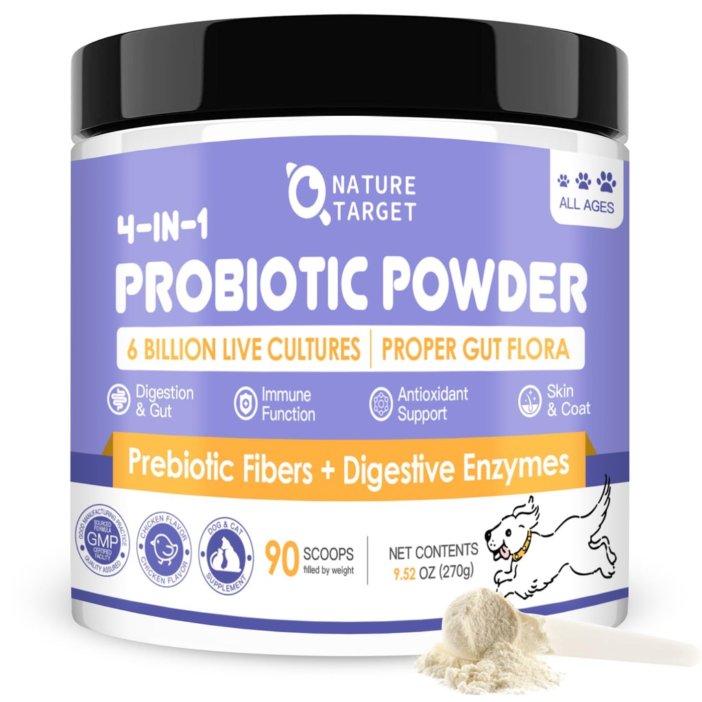 NATUUR TARGET Probiotica voor honden - Honden Probiotica, Plus Prebiotica, Digestieve Enzymen, Vezel, Ondersteuning Gut, Immune Health, 6 Miljard CFU Honden Probiotische Poeder, Relieve diarree, Losse Stool, 90 scoops