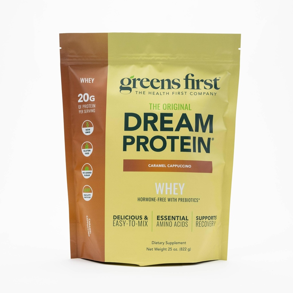 Greens First Dream Protein Powder Whey - 20g Protein Per Serving - Hormone-Free with Prebiotics - Non-GMO - No Artificial Sweeteners/MSG/Aspartame (Caramel Cappuccino, 25 oz)