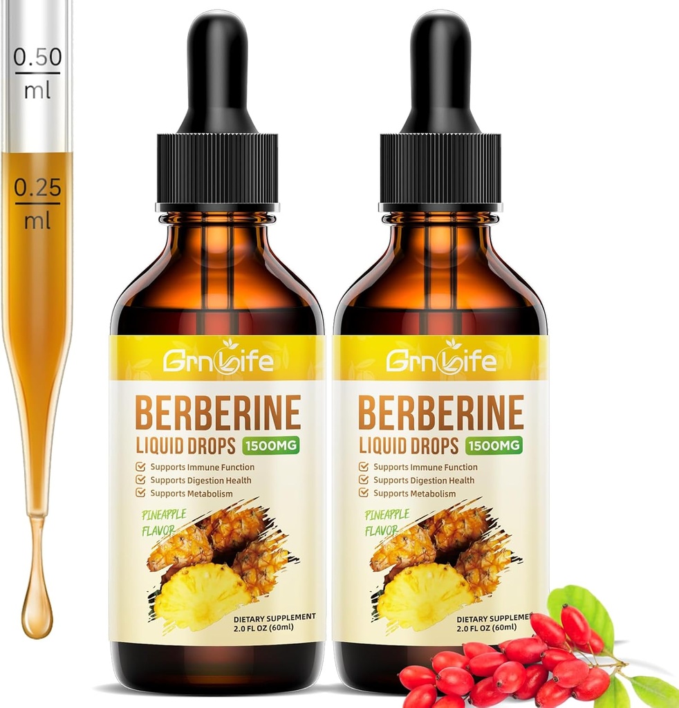 (2 Pack) Berberine Supplement, 1500mg Biologische Berberine Liquid Drops met Ceylon Cinnamon, Bitter Melon - Ondersteunt Immune en Metabolisme, Vegan, Ananas Smaak-2 FL Oz
