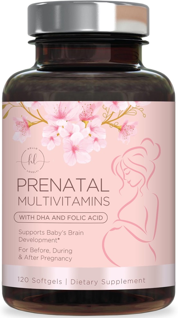 Vitamines prénatales pour les femmes avec acide folique et ADH, Soutien au développement du cerveau foetal avec folate et Oméga 3, Multivitamine avec vitamine A, C, D, B6, B12 et Fer, Supplément grossesse - 120 Softgels