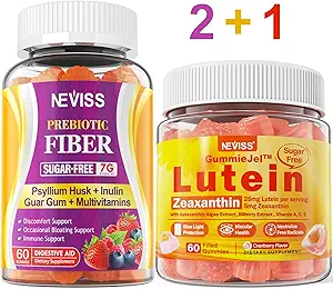 NEVISS Gommies de fibre prébiotique sans sucre 120 Nombres + Gommies de lutéine 60 Nombres
