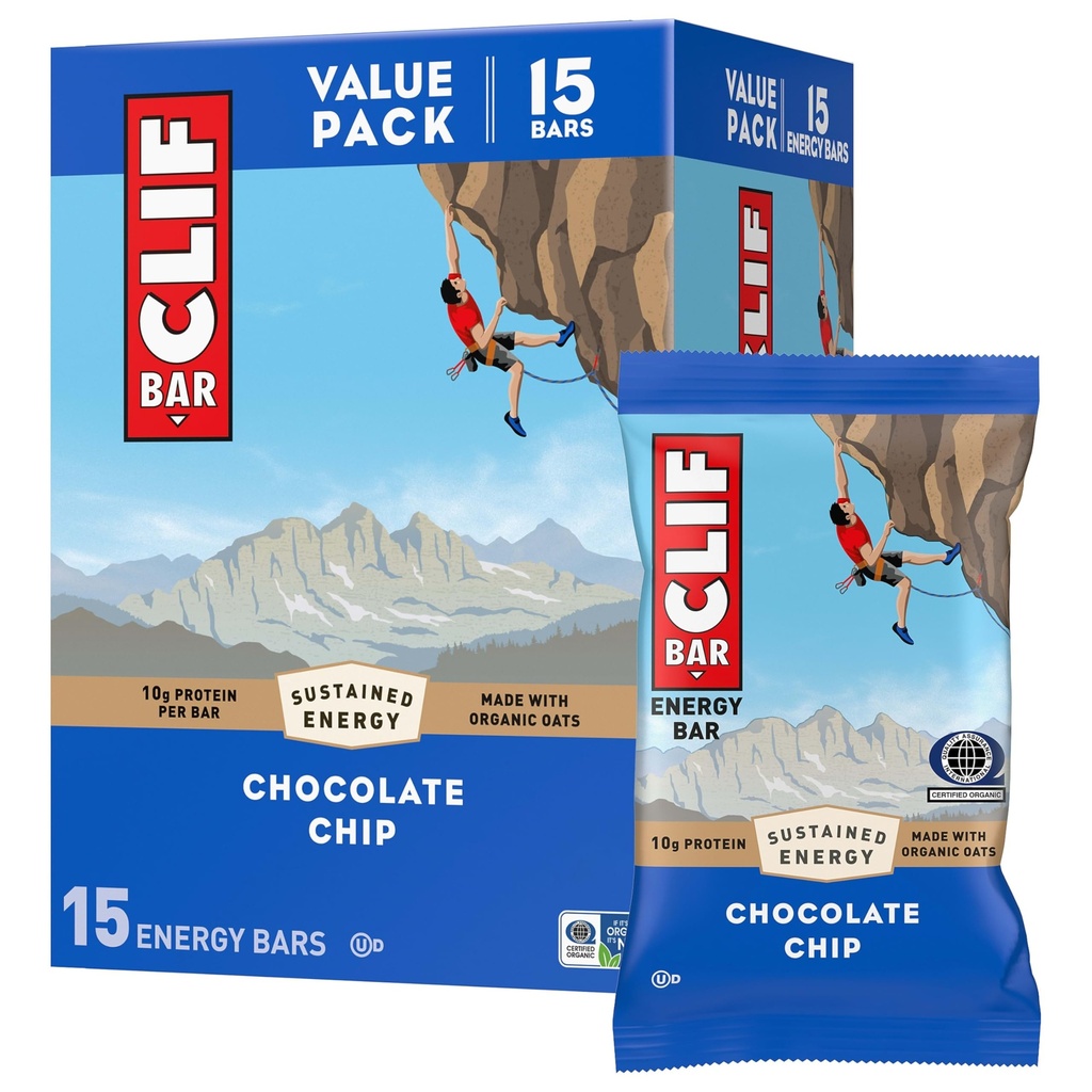 CLIF BAR - Energy Protein Bars - Chocolate Chip - Made with Organic Haver - Energy Bars - Non-GMO - (15 Pack)