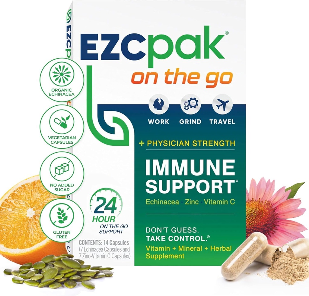 EZC Pak On The Go Immuun System Booster met Echinacea, Vitamine C, Zink, Immuun Ondersteuning Supplement, Immuun Vitaminen voor Volwassenen, Reizen-Vriendelijke Verpakking, Vegetarisch, Glutenvrije