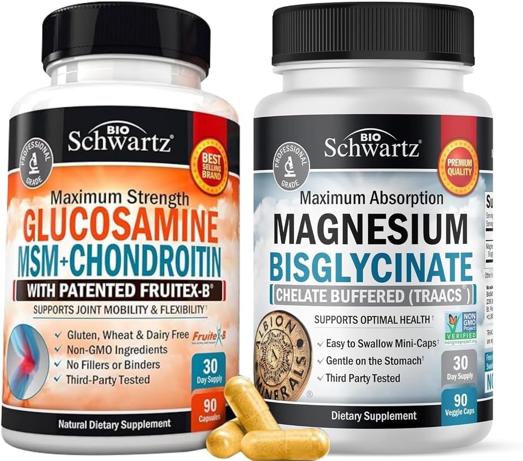 Hoge Absorptie Magnesium Bisglycinate Capsules (1 maand supply) Plus Glucosamine Chondroitin MSM Triple Strength Joint Support Supplement (1 maand supply)