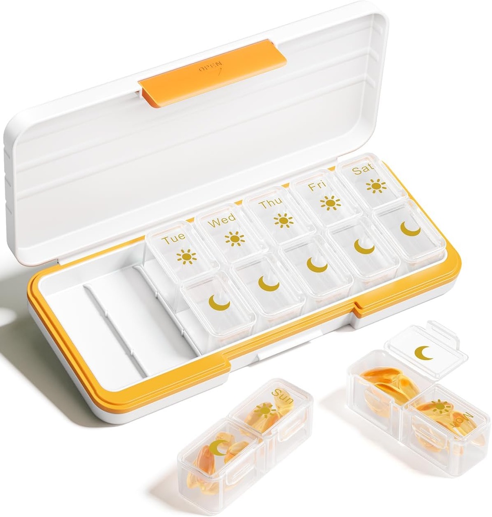 AM PM pil Organizer 2 keer per dag, 7 dagen pil Box Weekly pil Organizer Reizen met aparte container, draagbare dagelijkse geneeskunde planner dispenser geval voor vitamine, visolie, supplementen(Beige)