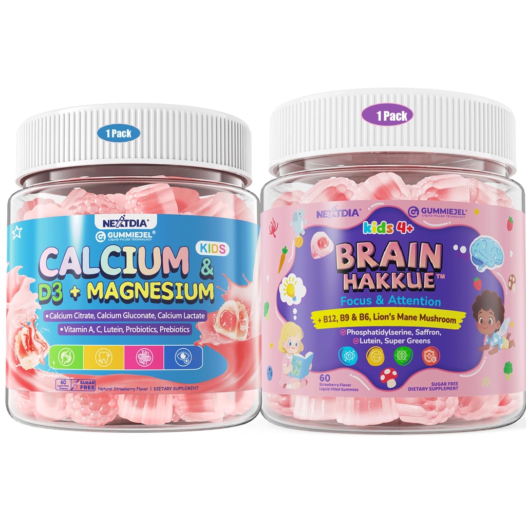 Kids Calcium Gummies + D3 & Magnesium +Kids Brain Gummies with Lion's Mane Mushroom, Methyl B6, B9, B12, Supper Green