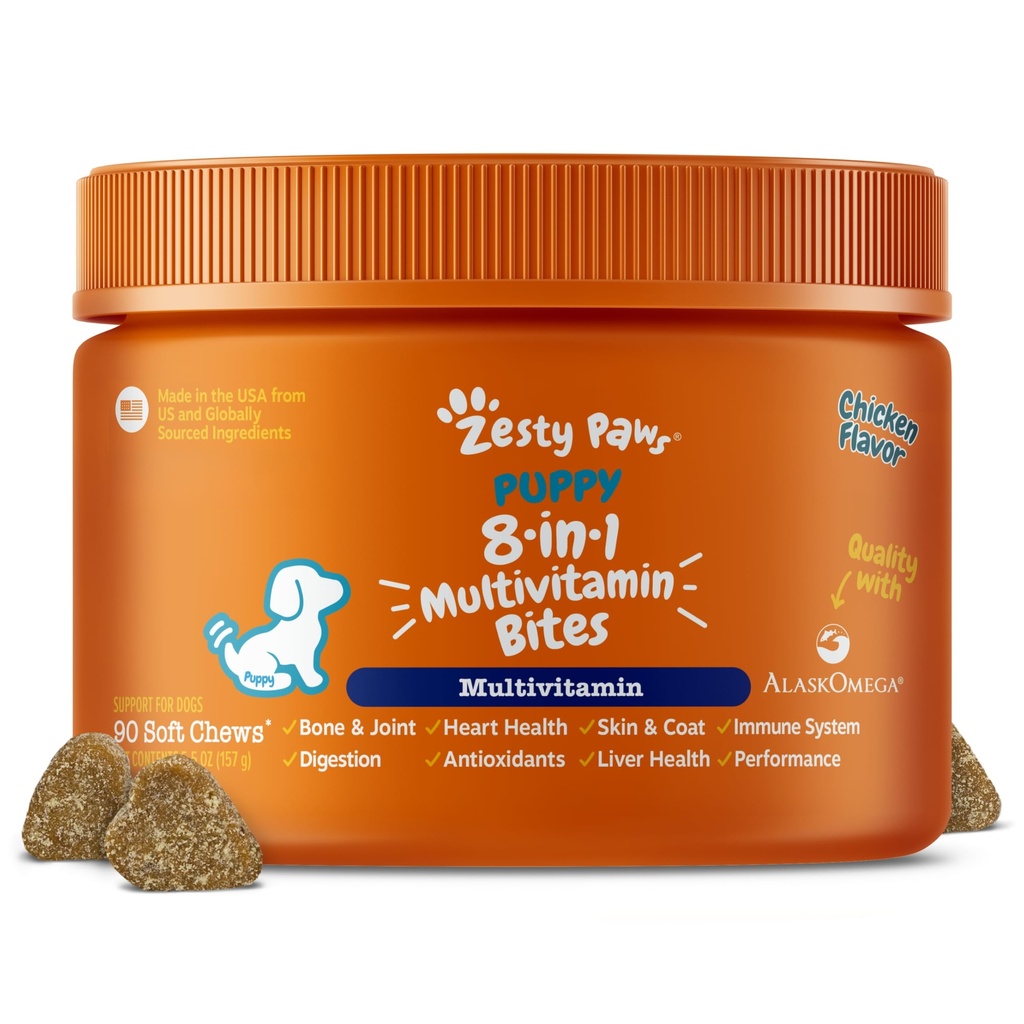 Zesty Paws Honden Multivitamine, Kauwbare Honden Vitaminen en Supplementen voor Hip & Gezamenlijk, Huid & Coat, Omega 3 Visolie voor Honden- Puppy Multivitamine - Kip Puppy Bites- 90ct