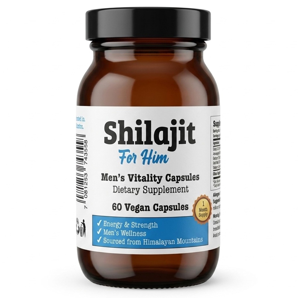 Shilajit for Him | 6000mg High Potency, 80% Fulvic Acid, 85+ Trace Minerals | Himalayan Source | Men’s Wellness with Organic Ashwagandha, Gokshura | Made in UK | 60 Vegan Capsules | 1 Month Supply