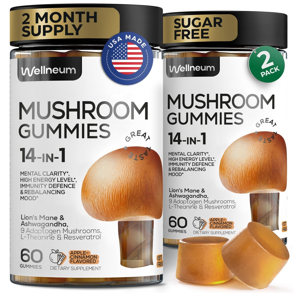 Paddestoelen Gummies 5000 Mg 120 Stuks (2 Pack) - Lion's Mane en 9 Adaptogene Paddenstoelen Blend - Ashwagandha, L-Theanine - Paddestoelen Gummies for Energy, Immunity, Focus, Brain Boost - Geen suiker en GGO