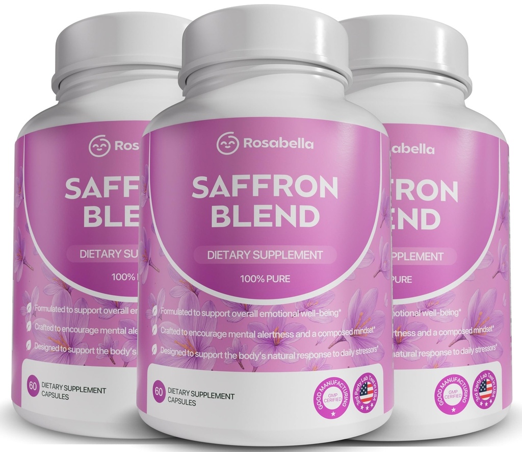 Rosabella Saffron Blend Supplement for Men & Women – Saffron, B6, Magnesium & Herbal Extract Capsules – Supports Mood, Focus & Clarity – Non-GMO, Gluten-Free – 180 Capsules – 90-Day Supply