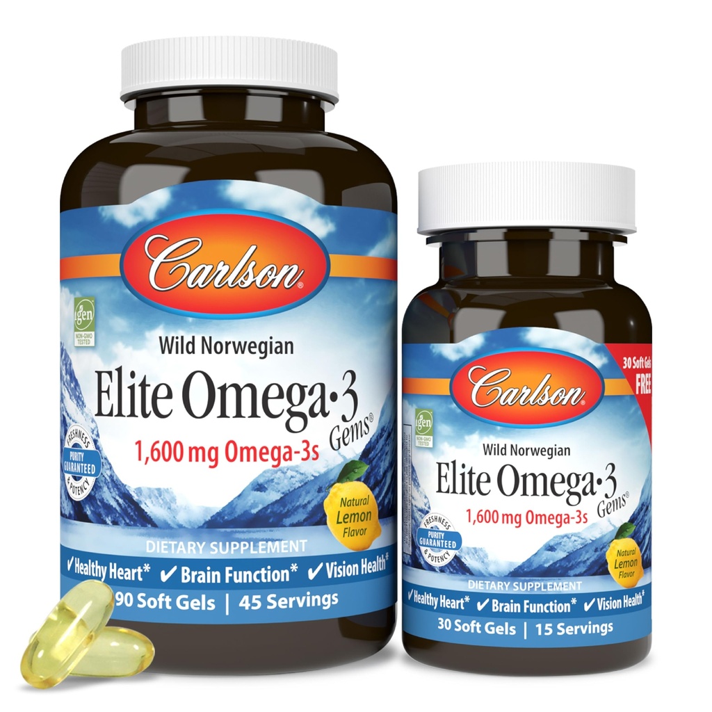 Carlson Labs Elite Omega-3, 1600 mg, Gemmes Huile de poisson Gels doux, Saveur de citron naturel, 2 paquets (120 Nombres chacun)